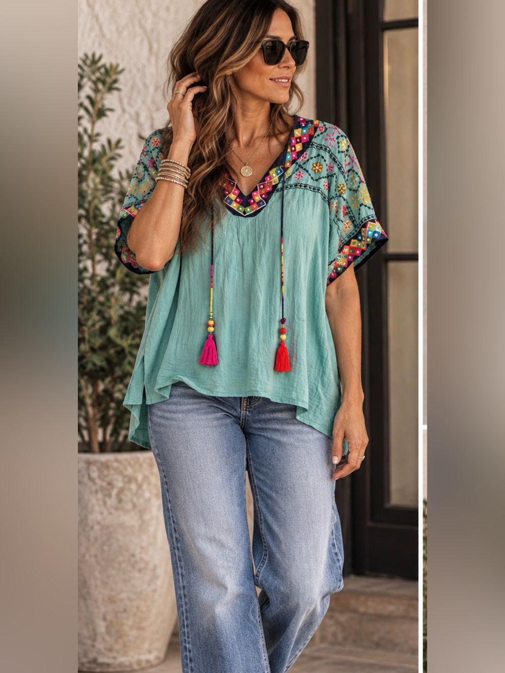 Double D Ranch Embroidered Boho Western Top Tunic Tassels Size S
